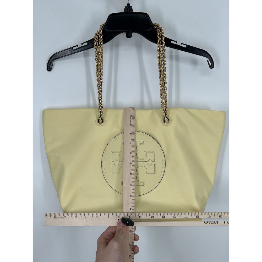 Tory Burch Lemon Sugar Ella Chain Tote Nylon Magnetic Snap Closure Yellow Bag - Picture 3 of 7